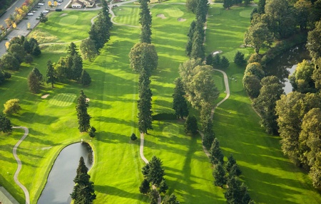 Brightly lit golf course at sunset in Washingtonのeditorial素材