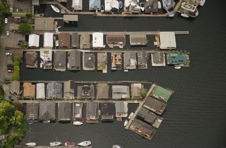 Aerial view of rows of house boats on Lake Unionのeditorial素材