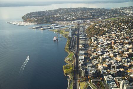 View up 15th Ave along Elliott Bay shoreline into Queen Anne and Magnolia in Seattle