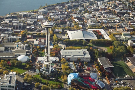 Space Needle, Key Arena, EMP and Pacific Science Center from the airのeditorial素材