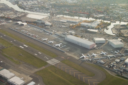 Aerial view of Boeing aircraft at final flight test stage at Boeing Fieldのeditorial素材