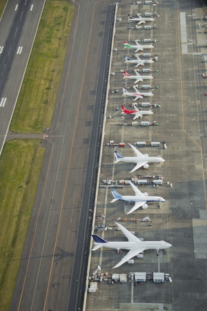 Aerial view of new 787, 747 and 737 airplanes awaiting flight test at sunsetのeditorial素材