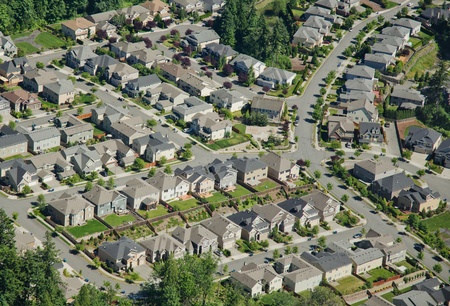 New housing development along hillsideの写真素材