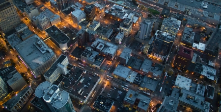 Aerial view of lights at dusks in Seattle, WA