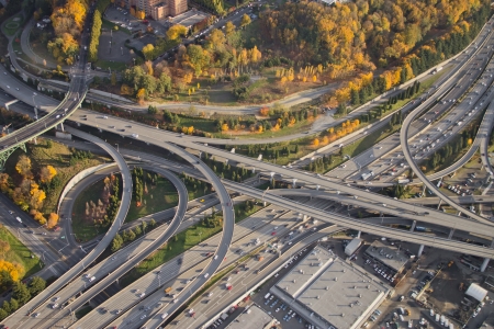 Aerial view of vivid colors at a major, complex interstate junction
