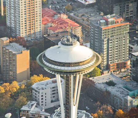 Aerial view of Space Needle with buildings in background