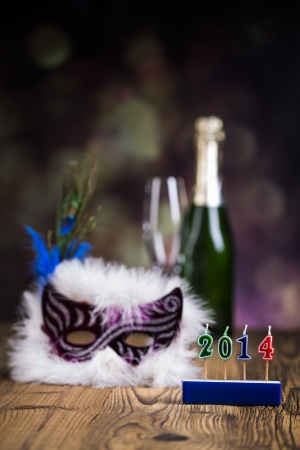 Carnival mask , glasses  champagne bottle  and 2014 wording の写真素材