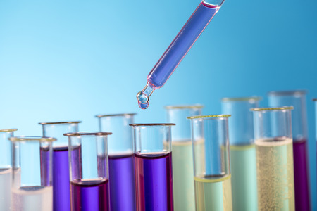 Workplace modern laboratory for molecular biology test on blue backgroundの写真素材