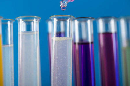 Workplace modern laboratory for molecular biology test on blue background