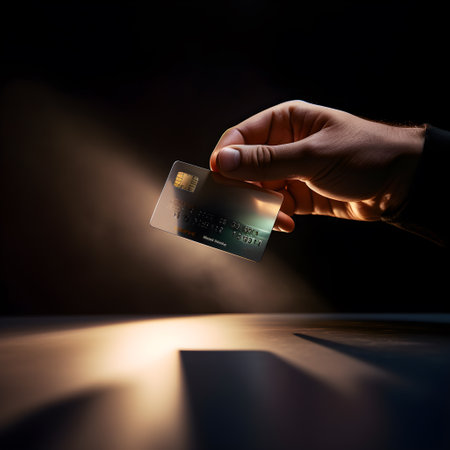 Bank card in hand, artistic lighting, dark background. Generative AI.の素材