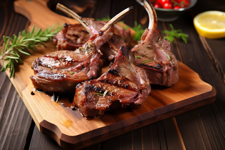 Roast lamb on a wooden board, rosemary, lemon, dark background. Generative AI.の素材