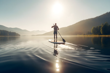 Man floating on lake on SUP, at sunset. Generative AIの素材