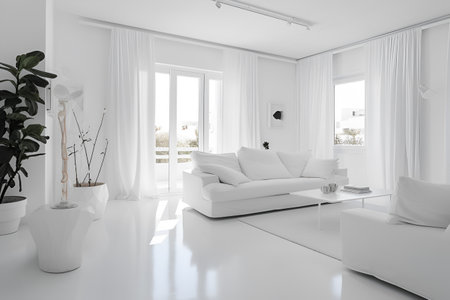 Living room interior in white colors, with white furniture and white walls. Generative AIの素材