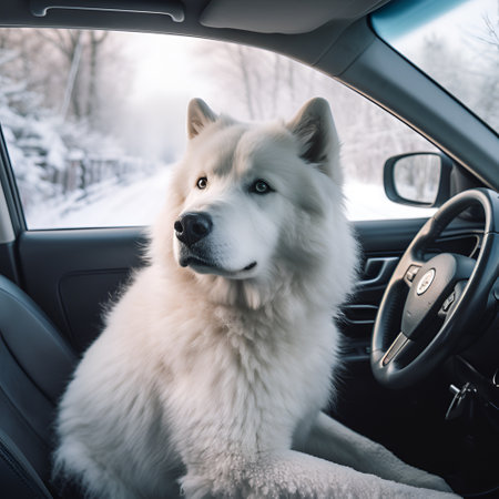 A big white dog driving a car in winter. High quality photoの素材