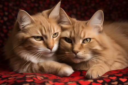 Red cat and cat hugging each other on dark background with hearts. High qualityの素材