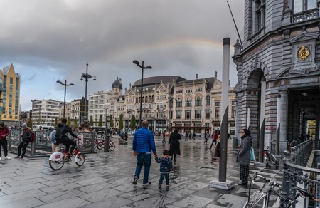 Antwerp, Belgium - 2018-10-01: Walking towards the rainbowのeditorial素材