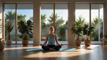 Indoor meditation yoga serenity mindfulness young woman Scandinavian decor wellness peaceful lifestyle photoの素材