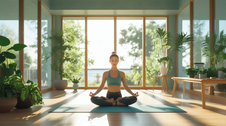 Indoor meditation yoga serenity mindfulness young woman Scandinavian decor wellness peaceful lifestyle photoの素材