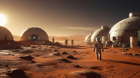 Mars colony futuristic habitat domes astronauts terraformed surface space exploration sci-fi high-resolution landscapeの素材