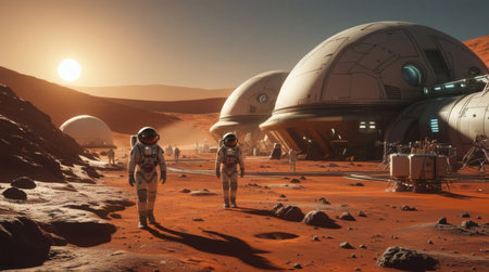 Mars colony futuristic habitat domes astronauts terraformed surface space exploration sci-fi high-resolution landscapeの素材