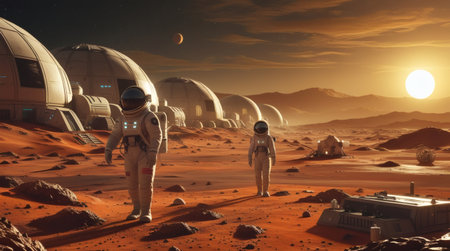 Mars colony futuristic habitat domes astronauts terraformed surface space exploration sci-fi high-resolution landscapeの素材
