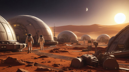 Mars colony futuristic habitat domes astronauts terraformed surface space exploration sci-fi high-resolution landscapeの素材
