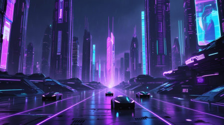 Cyberpunk neon futuristic city night digital art glowing skyscrapers flying cars sci-fi ultra HDの素材