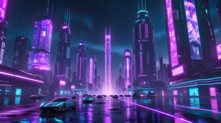 Cyberpunk neon futuristic city night digital art glowing skyscrapers flying cars sci-fi ultra HDの素材