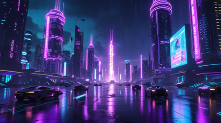 Cyberpunk neon futuristic city night digital art glowing skyscrapers flying cars sci-fi ultra HDの素材