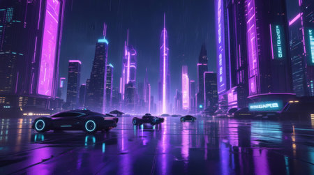 Cyberpunk neon futuristic city nightscape, vibrant glowing skyscrapers, sci-fi urban digital artの素材