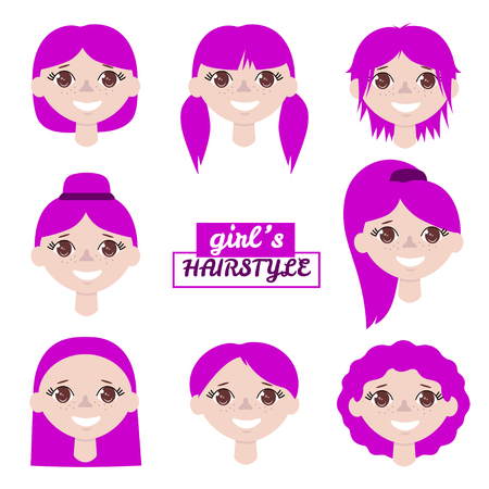 Girl avatar set. Cartoon young girls portrait with different hair style on white background. Vector illustration.のイラスト素材