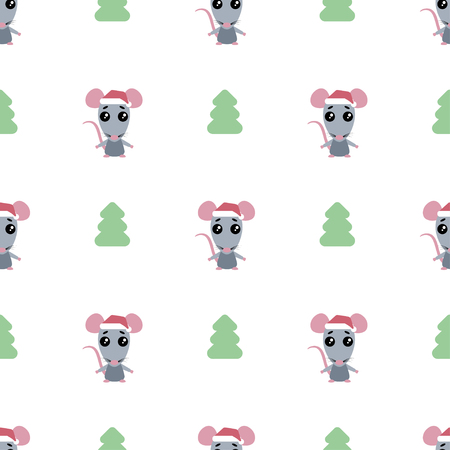 Vector seamless background. Kawai rat with christmas tree on the white background, cartoon rat. Chinese symbol of the 2020 year.のイラスト素材
