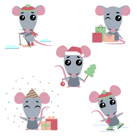 Cartoons rats on the white background. The set consists of a rat who skate and ski, makes purchases, celebrates a birthday, celebrates the new year.のイラスト素材