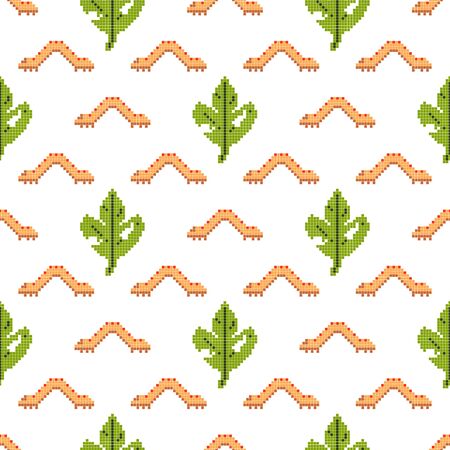 Pixel art style. Seamless background. Cute caterpillars on white background. Vector illustration for card,website, poster, textile print etc.のイラスト素材