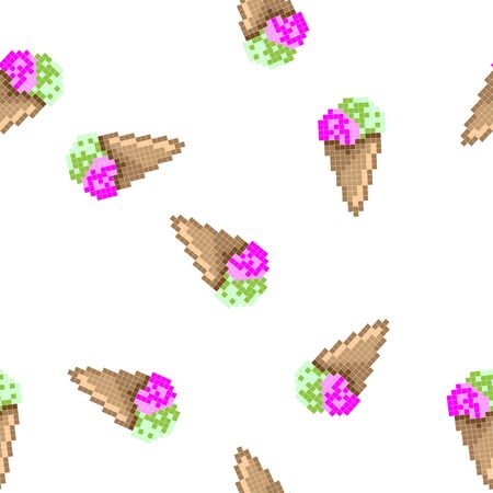 8 bit pixel background, seamless pattern with ice cream. Pixel art. Old school computer graphic style. Games elements.のイラスト素材