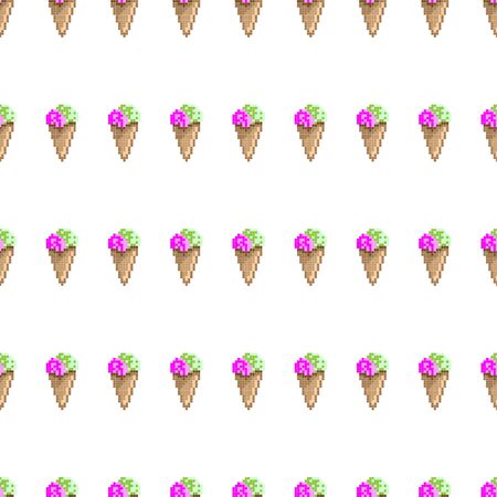 8 bit pixel background, seamless pattern with ice cream. Pixel art. Old school computer graphic style. Games elements.のイラスト素材