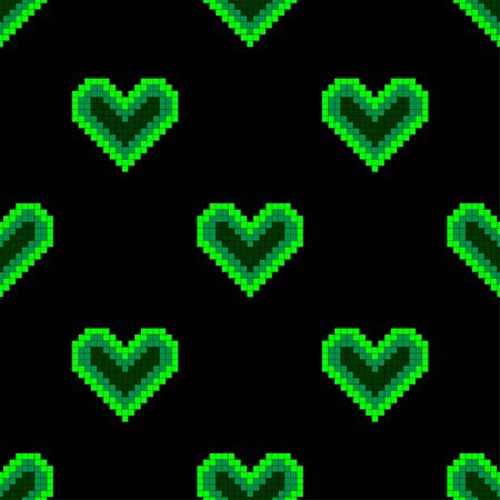Seamless pattern background with pixel hearts, which glow bright neon light on a dark background. Design elements for the Valentines Day banner, poster, flyer.のイラスト素材