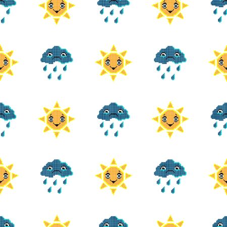 Seamless pattern with smile sun and sad cloud. Pixel art background, cartoon vector illustration. Retro game style.のイラスト素材