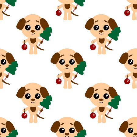 Cartoon puppy. Cute dog with christmas tree and new year ball.のイラスト素材