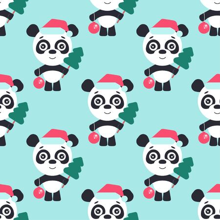 Cartoon panda. Cute panda with christmas tree and new year ball.のイラスト素材