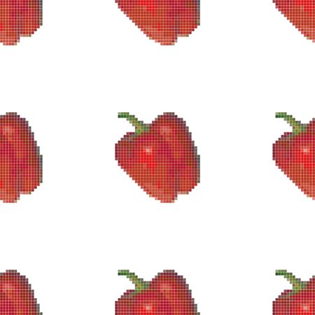 Red bell pepper seamless pattern on a white background. Pixel Graphics. Fresh vegetable, healthy product. 8 bit. Vector illustration.のイラスト素材
