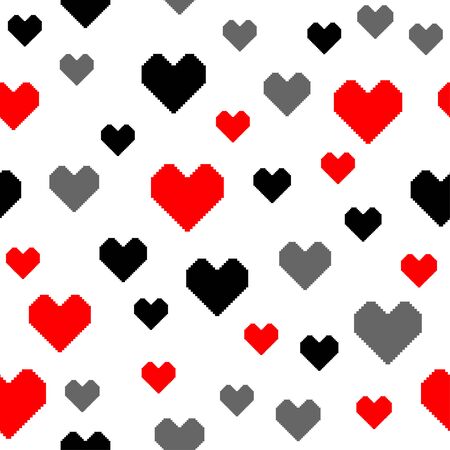 Black, red and gray pixel hearts on a white background. Seamless romantic pattern. Vector illustrationのイラスト素材