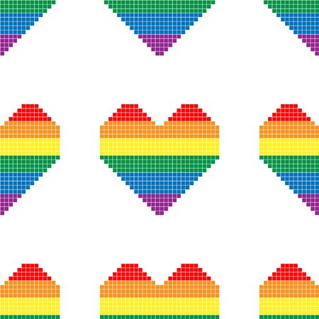 Seamless pattern with hearts in colors of LGBT flag. Pixel illustration. Colorful rainbow vector symbol of gay, lesbian, transgender love on a white background. Pride month concept.のイラスト素材