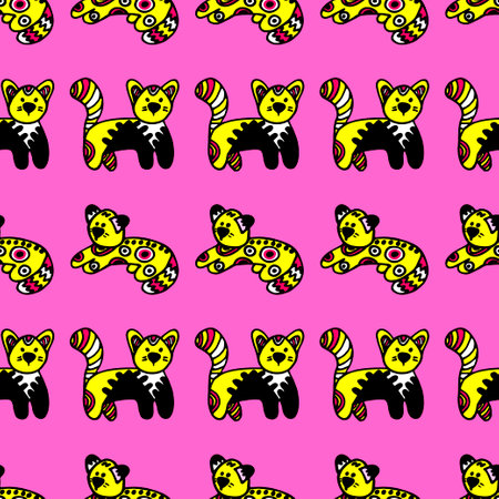 Seamless background with funny hand-drawn cats in patterns. Vector illustration with animals. Freehand drawing of a pet. Background for fabric, textile design, wrapping paper.のイラスト素材