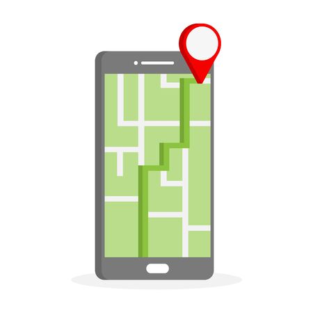 Technology concept. Smartphone and map icons 3d style. Map on smartphone. Map applications. App concept.のイラスト素材