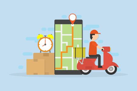 Delivery concept. Transportations concept. Technology concept. Delivery man ride motorcycle. Vector illustrator character flat style.のイラスト素材