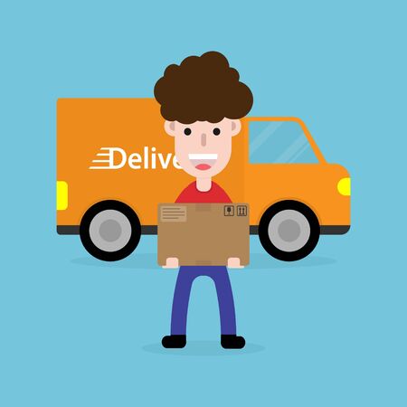 Truck delivery. Delivery Man holing box. Shopping online. Transportations concept. Male character.のイラスト素材
