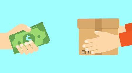 Han holding dollar bill. Delivery man hold box. Transportations concept. Shopping online. Digital marketing. Payment concept.のイラスト素材