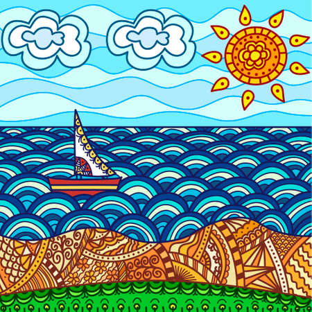 vector illustration of sea beach with ship (hand-draw doodles)のイラスト素材