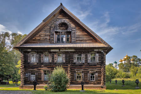 The Museum of wooden architecture under the open sky. Old traditional Russian peasant house, House of a rich peasant-timber manufacturer Lipatov, 1857. Golden ring of Russia. Kostroma Sloboda, Kostroma, Russiaのeditorial素材